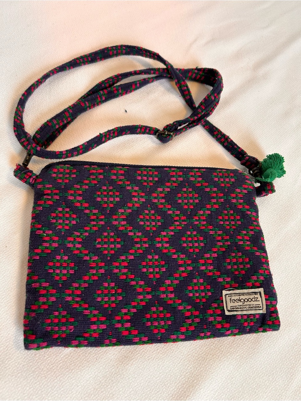 Feelgoodz Guatemalan Handwoven Crossbody Bag Boho Geometric Navy Pink Green